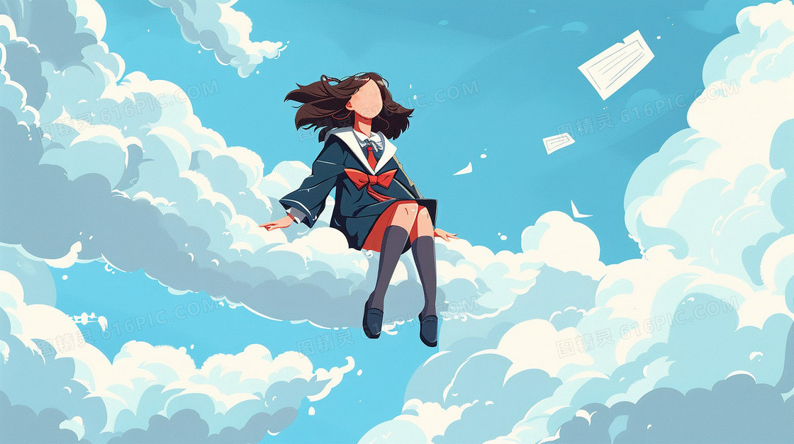 穿校服坐在云朵的女孩插画