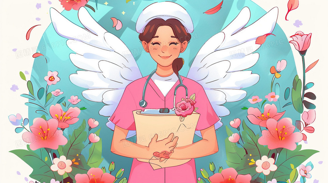 粉色护士服白衣天使拿着花束插画