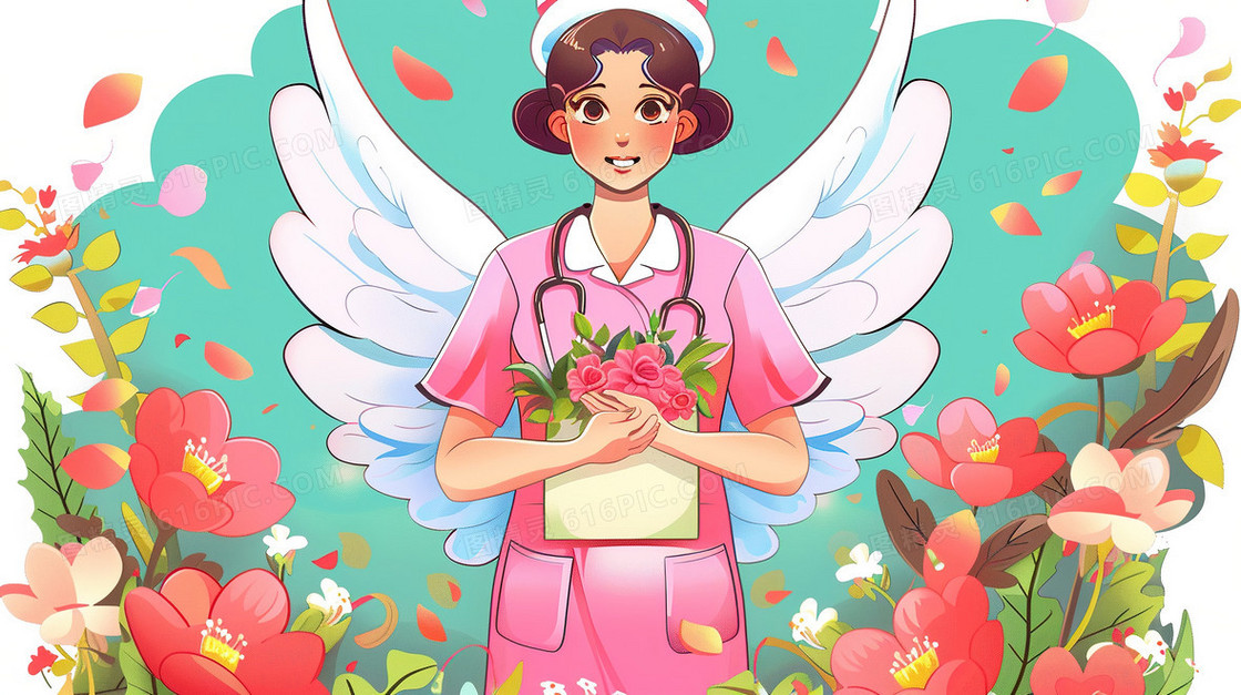 粉色护士服白衣天使拿着花束插画