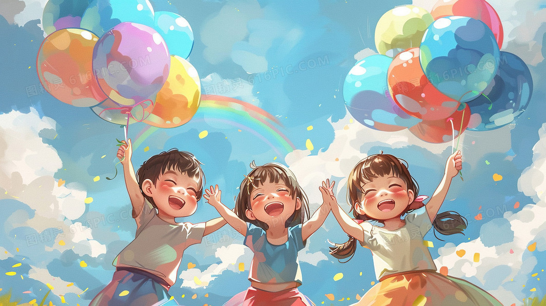 蓝天彩虹气球儿童俯视插画