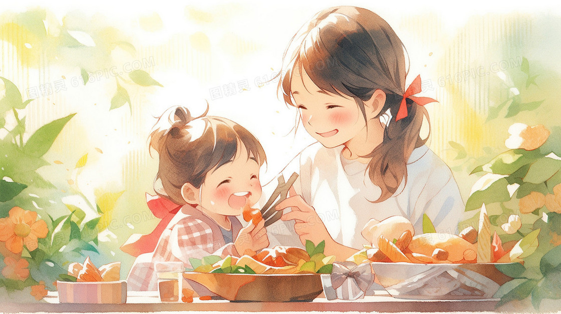 妈妈和孩子一起做美食插画