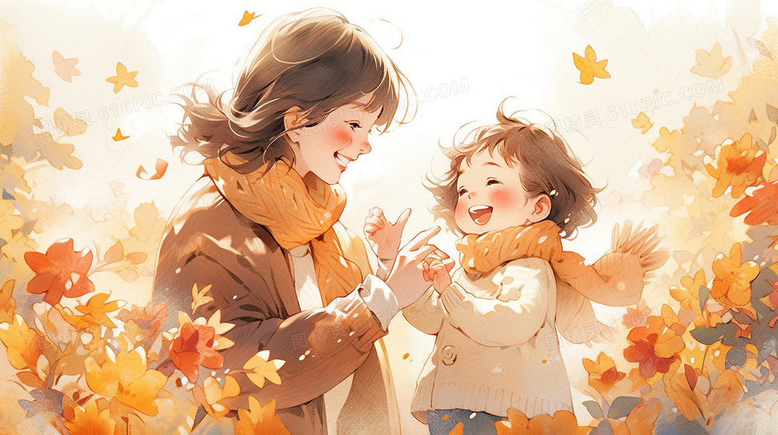 妈妈和孩子一起做美食插画