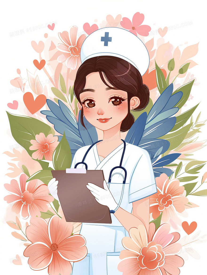 花卉拿着病历本的护士插画