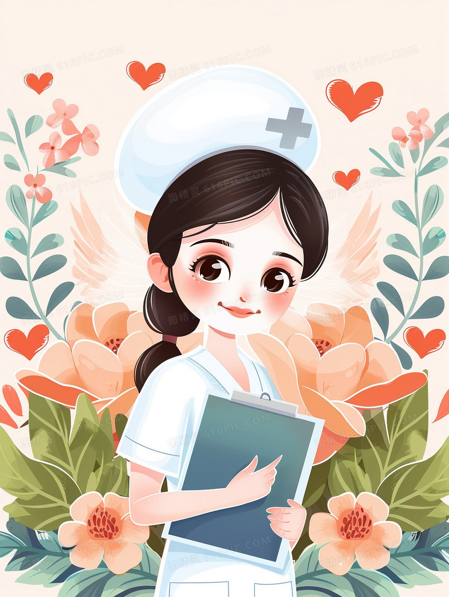 花卉拿着病历本的护士插画