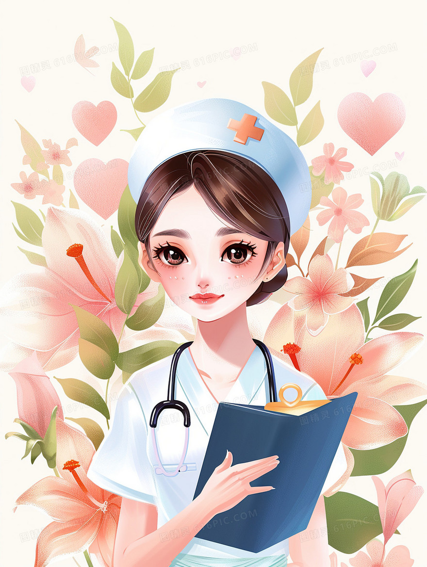 花卉拿着病历本的护士插画