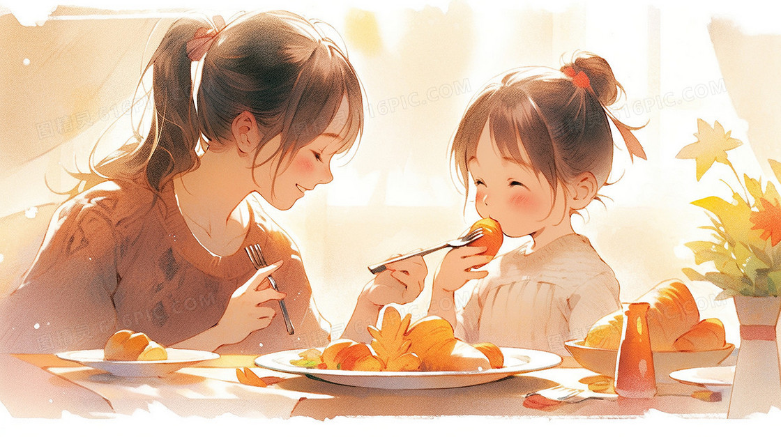 妈妈和孩子一起做美食插画