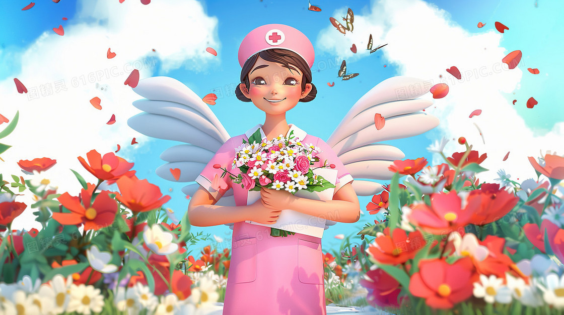 粉色护士服白衣天使拿着花束插画