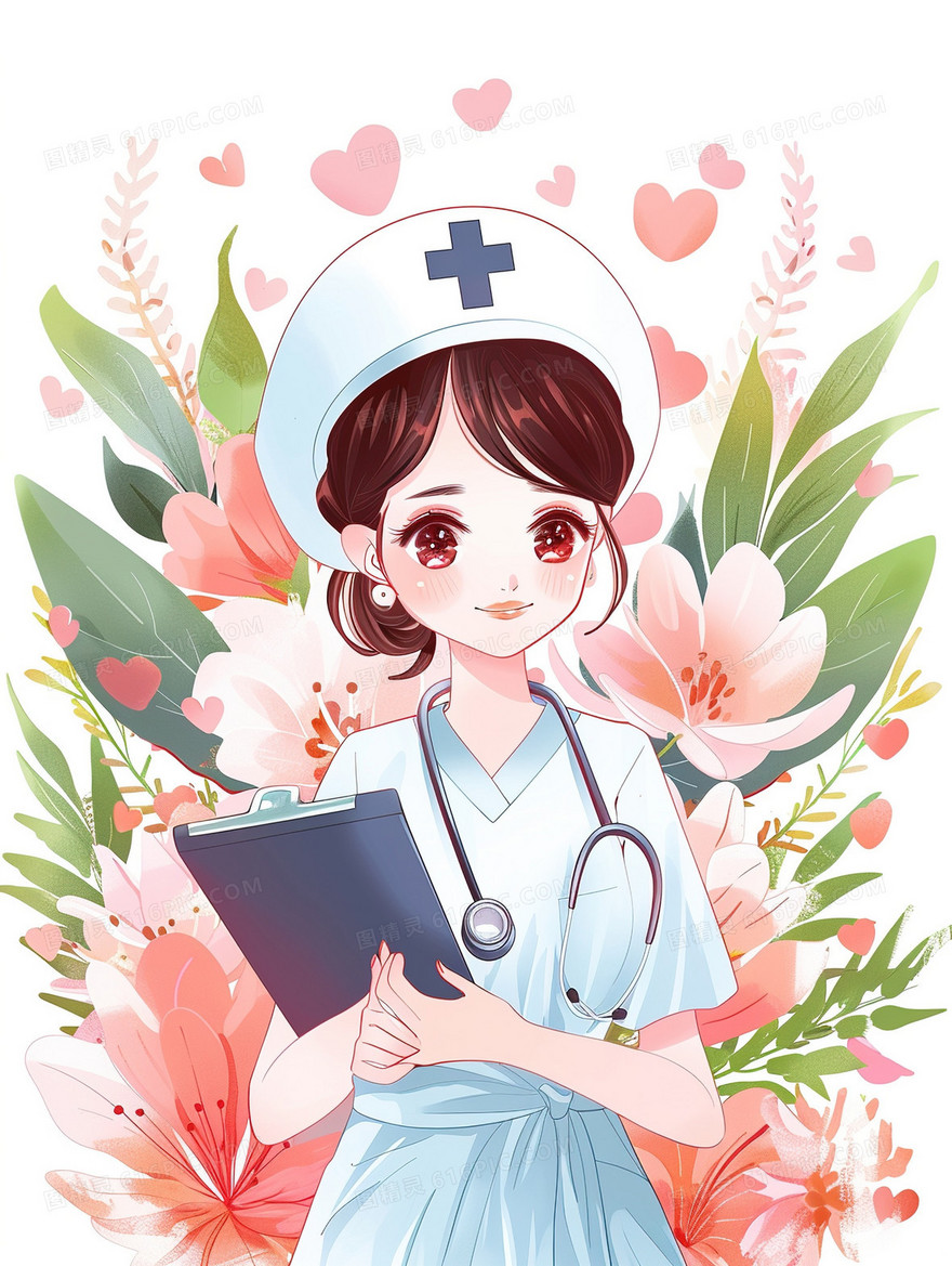 花卉拿着病历本的护士插画
