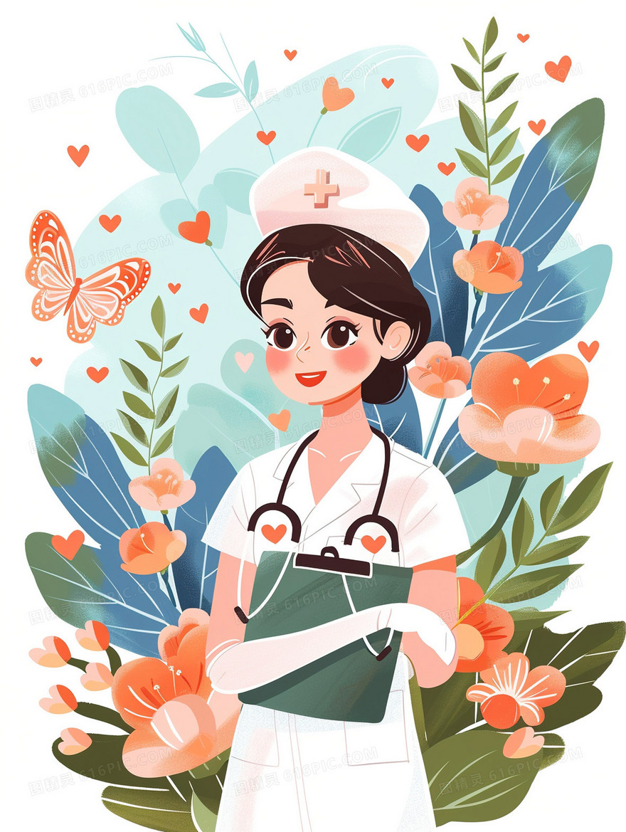 花卉拿着病历本的护士插画