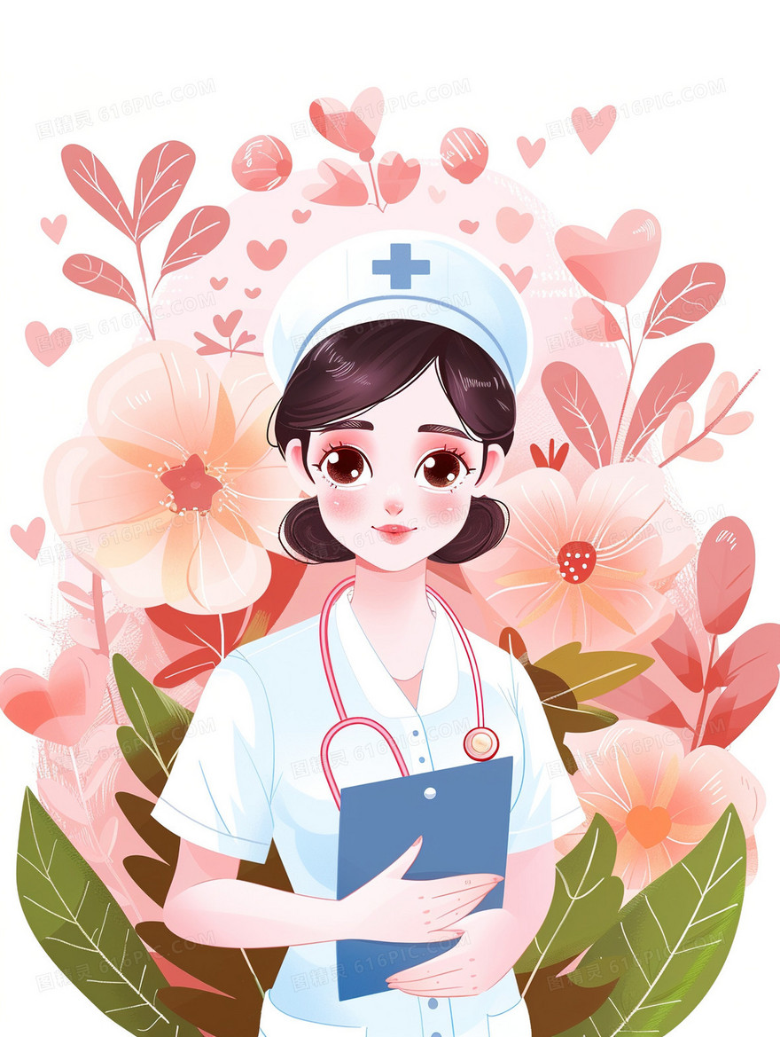 花卉拿着病历本的护士插画
