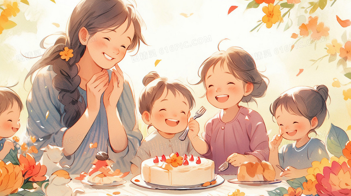 妈妈和孩子一起做美食插画