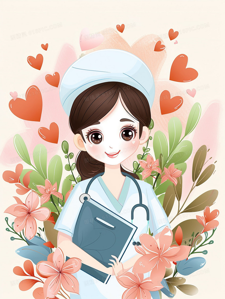 花卉拿着病历本的护士插画