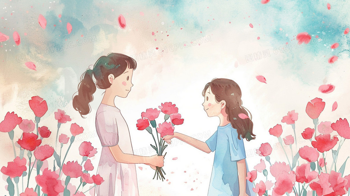 节日女儿给妈妈送花插画