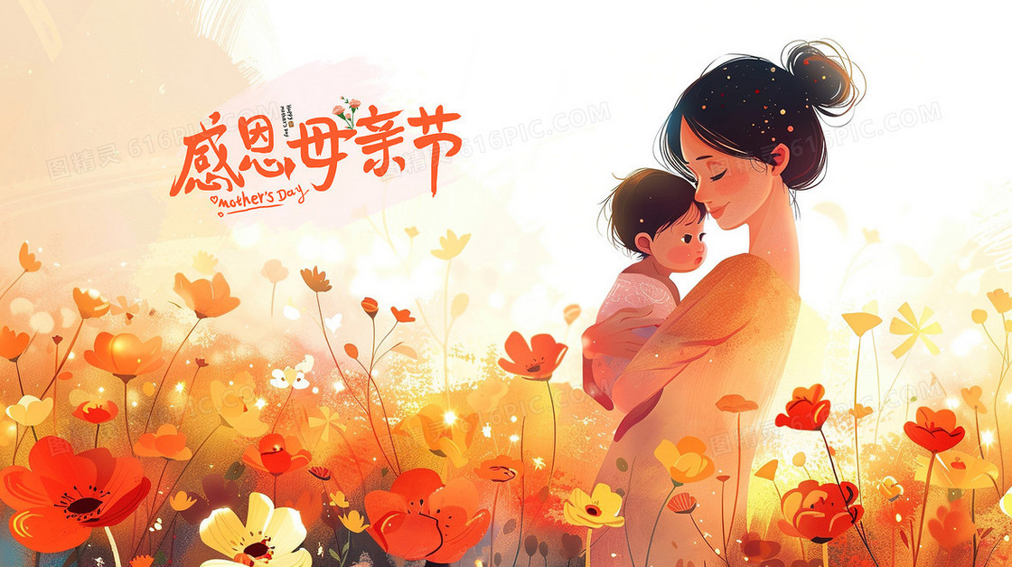 花丛里的妈妈抱着宝宝插画