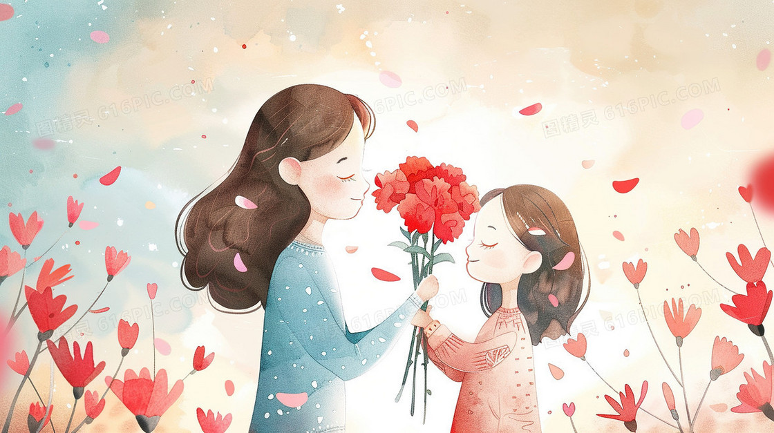 节日女儿给妈妈送花插画