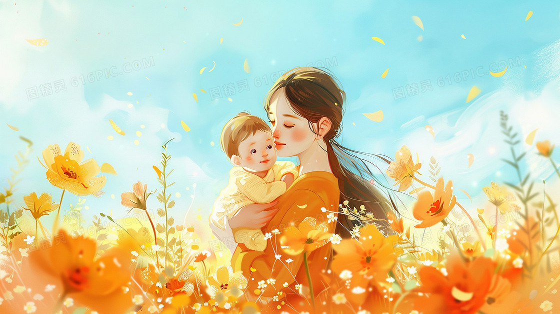 花丛里的妈妈抱着宝宝插画