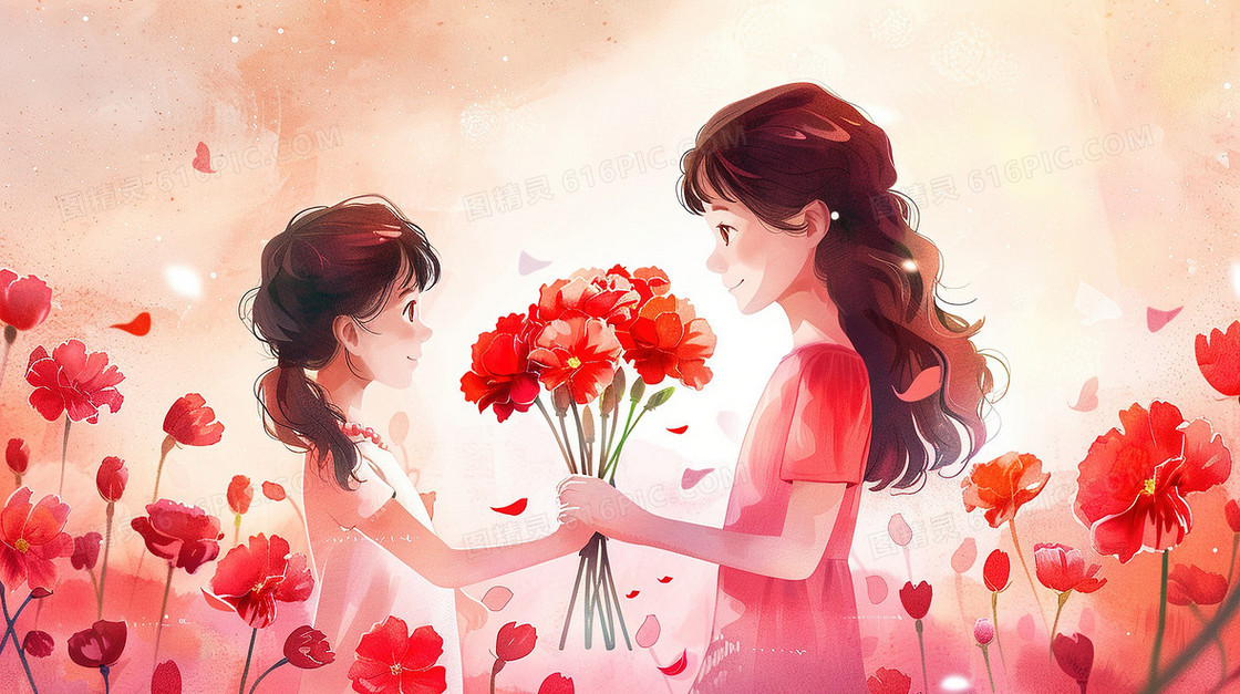 节日女儿给妈妈送花插画