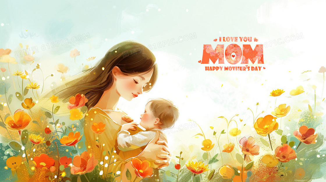 花丛里的妈妈抱着宝宝插画