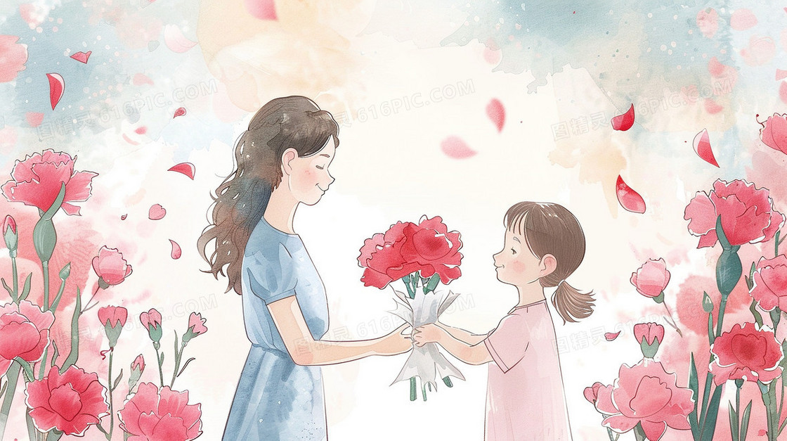 节日女儿给妈妈送花插画