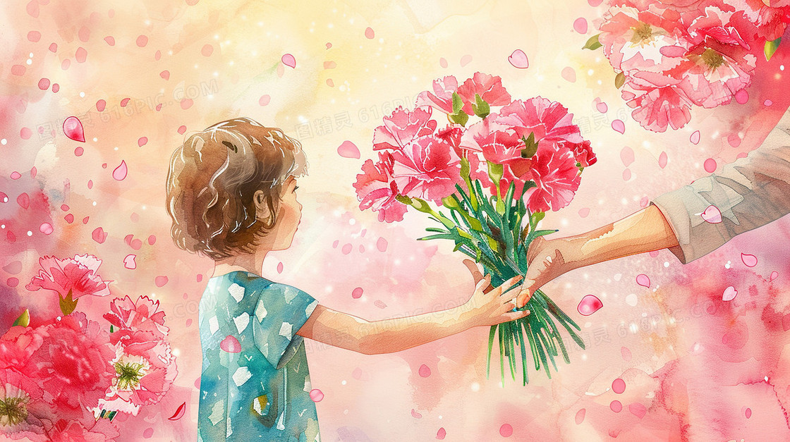 节日女儿给妈妈送花插画
