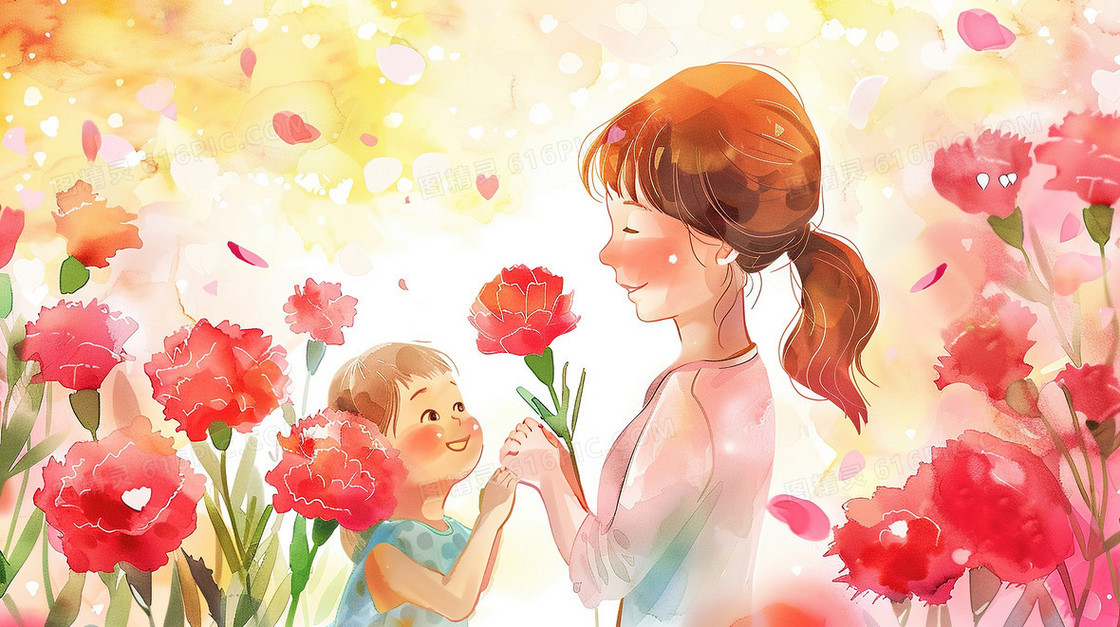 节日女儿给妈妈送花插画