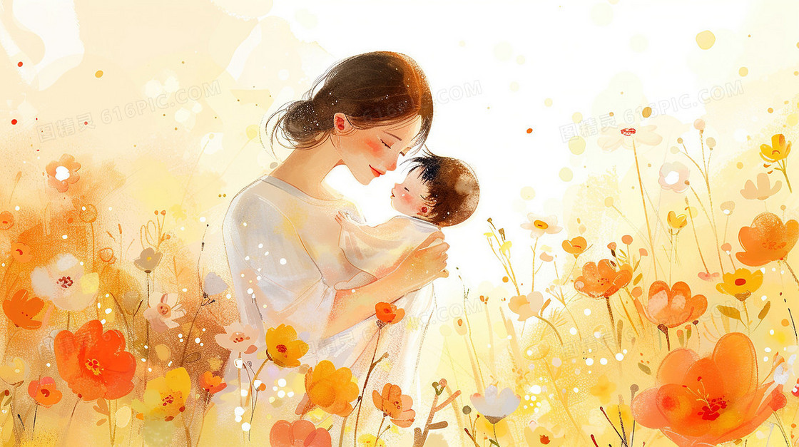 花丛里的妈妈抱着宝宝插画