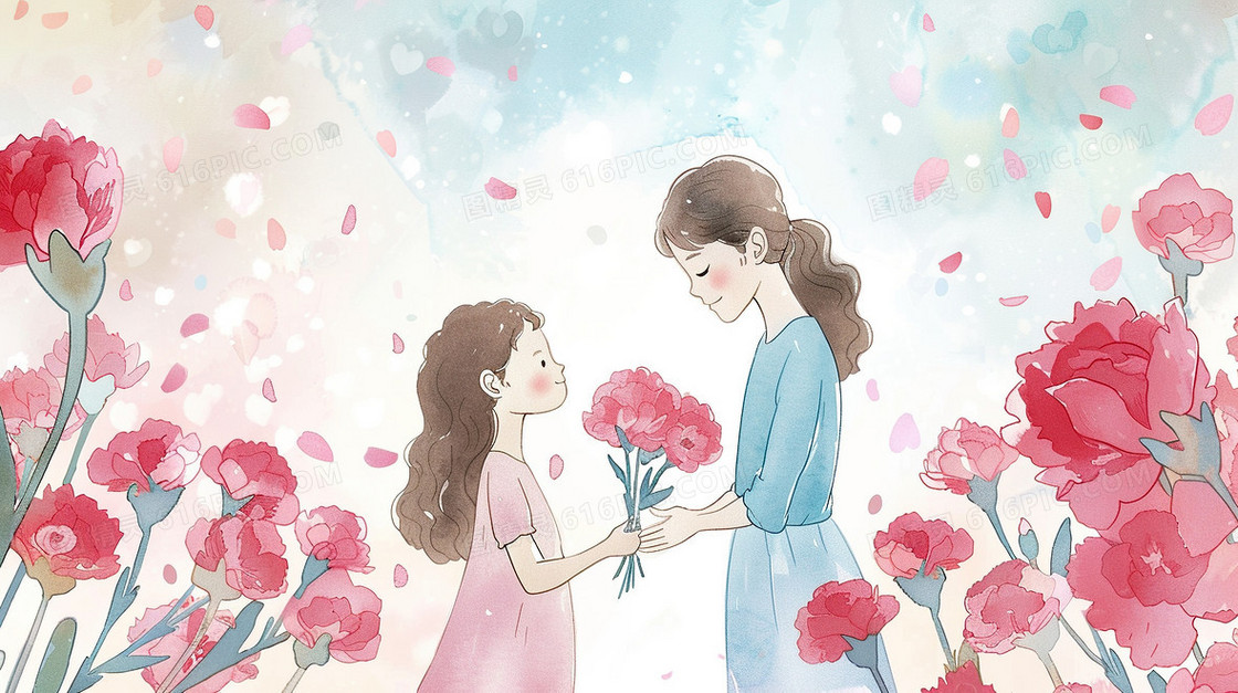 节日女儿给妈妈送花插画