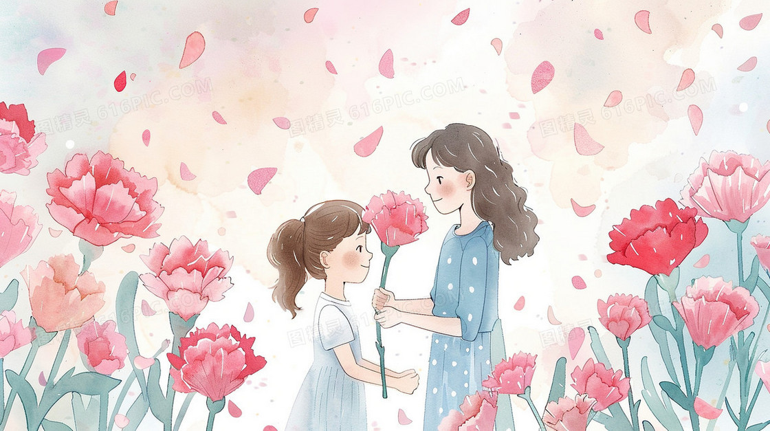 节日女儿给妈妈送花插画