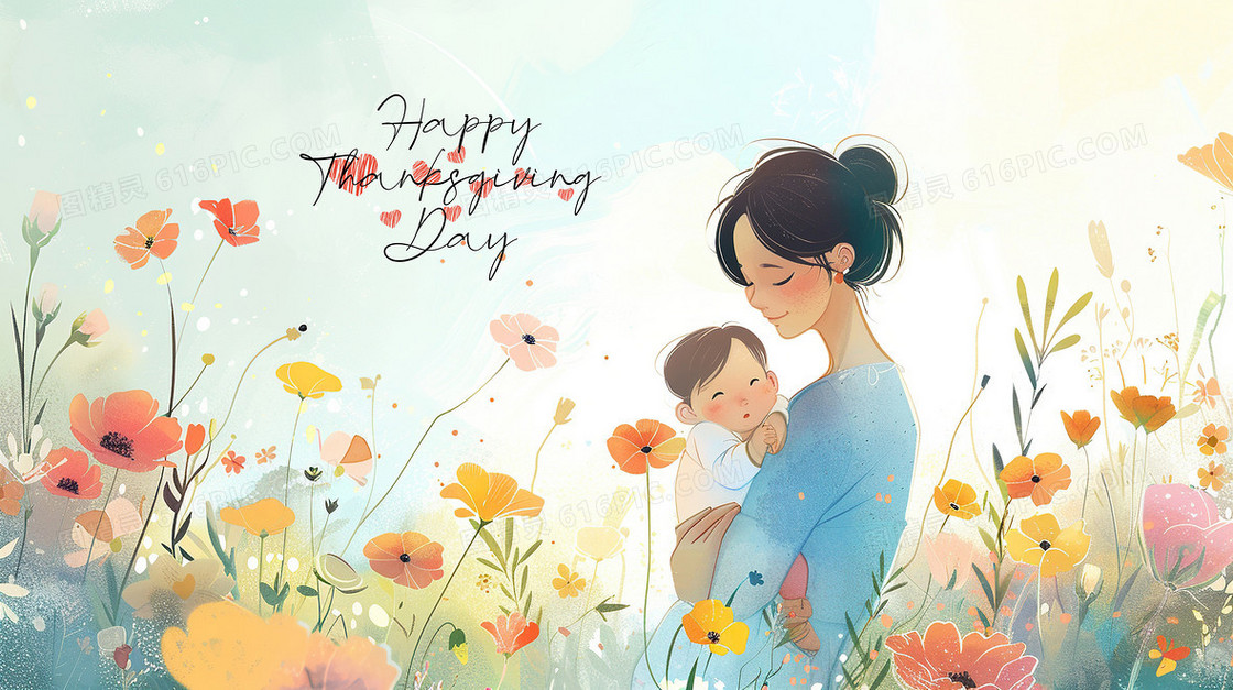 花丛里的妈妈抱着宝宝插画