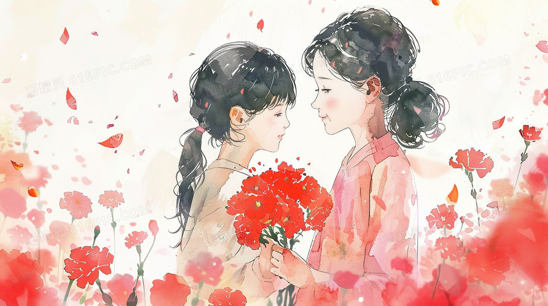 女儿吉儿给妈妈送花插画
