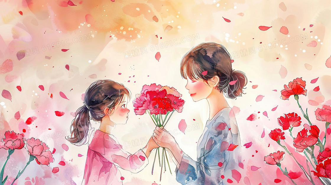 节日女儿给妈妈送花插画