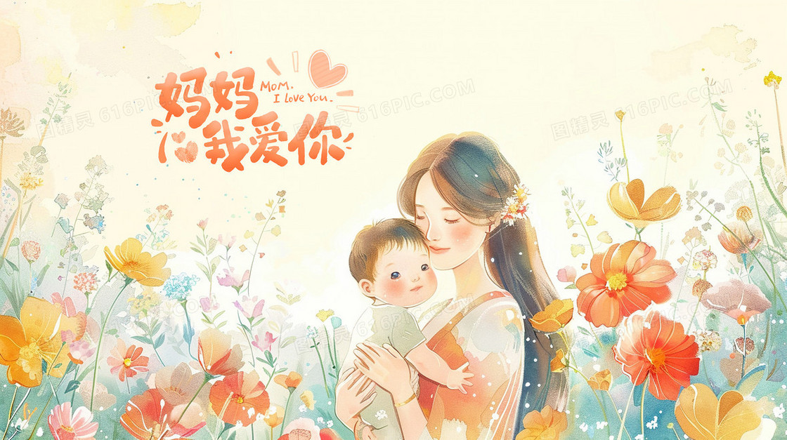 花丛里的妈妈抱着宝宝插画