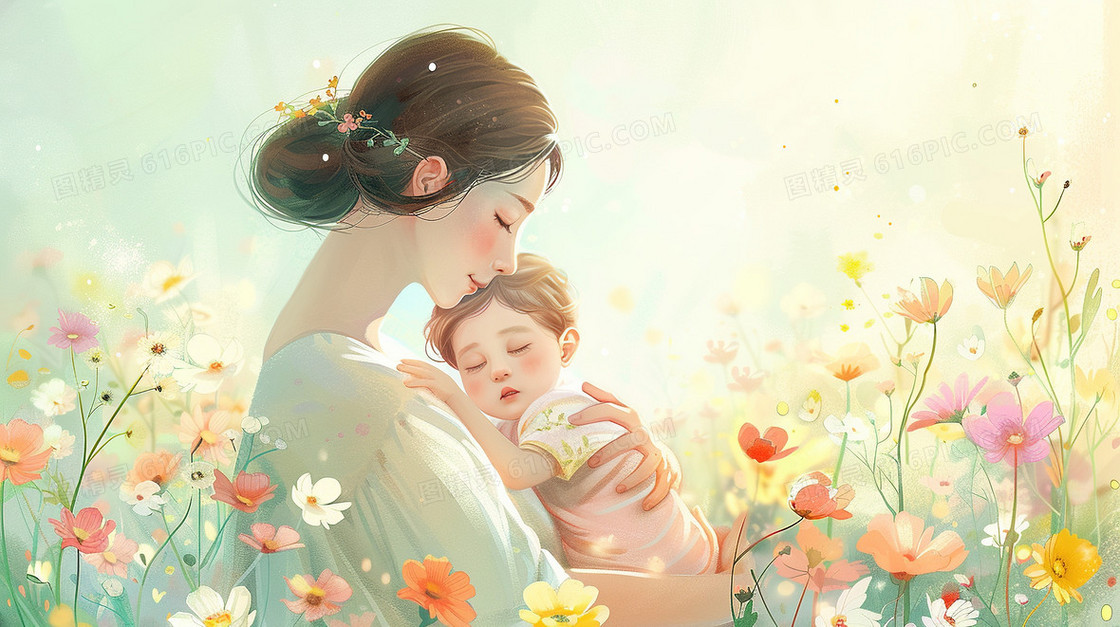 花丛里的妈妈抱着宝宝插画
