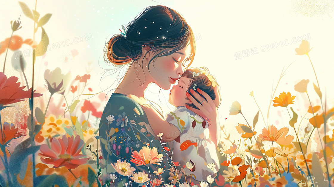 花丛里的妈妈抱着宝宝插画