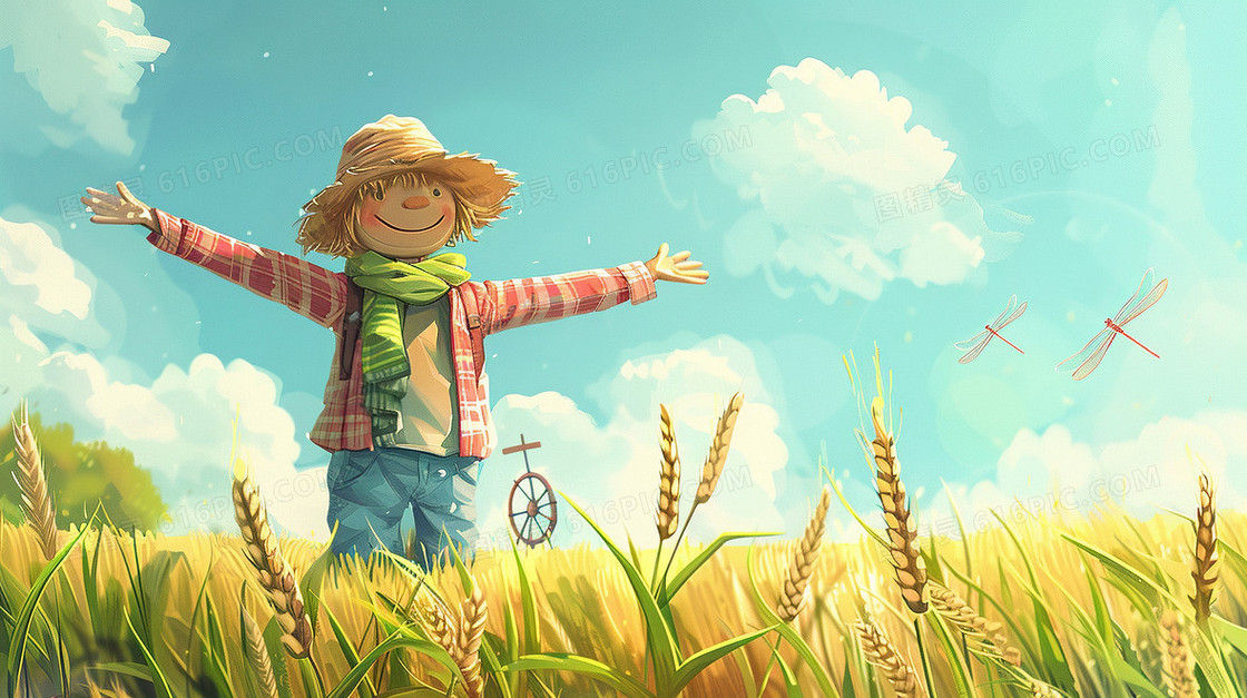 田野里的稻草人水车插画