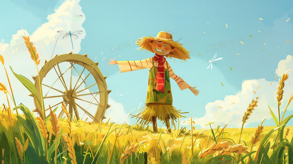田野里的稻草人水车插画