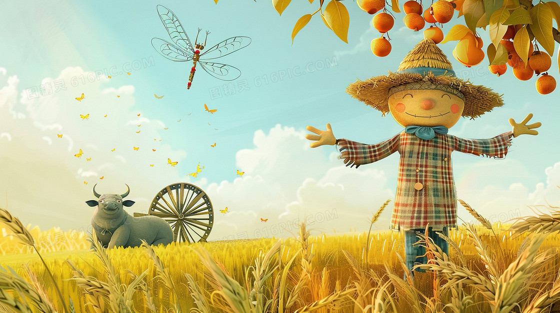 田野里的稻草人水车插画