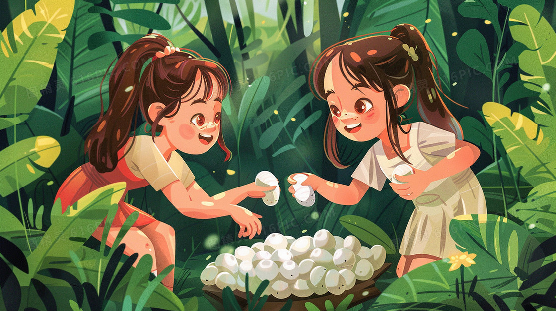 草丛捡蚕茧的两个女孩插画