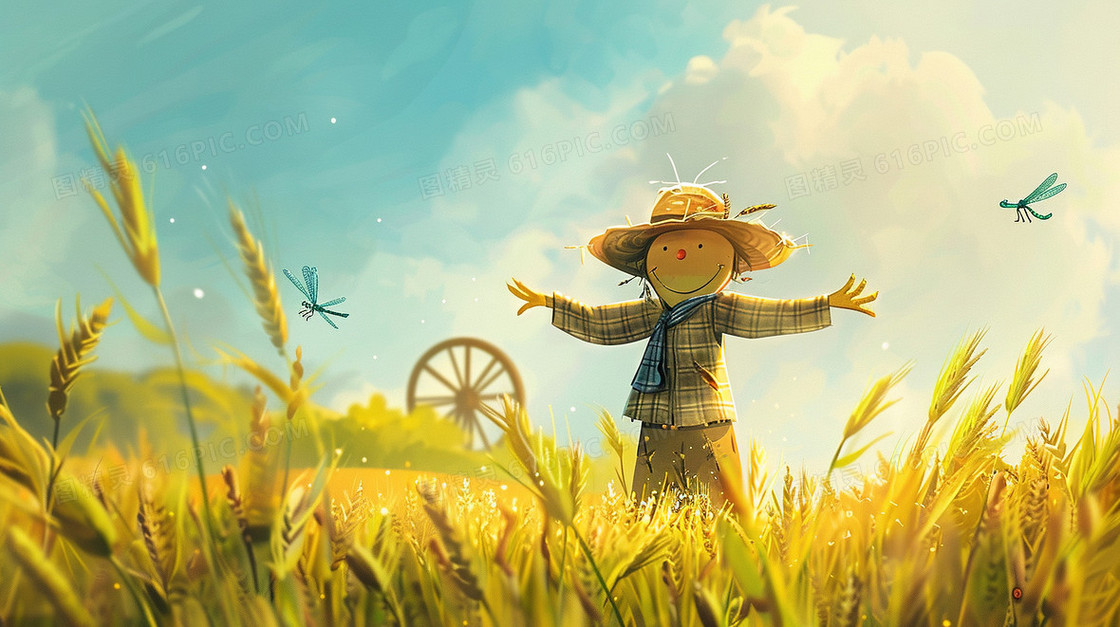 田野里的稻草人水车插画