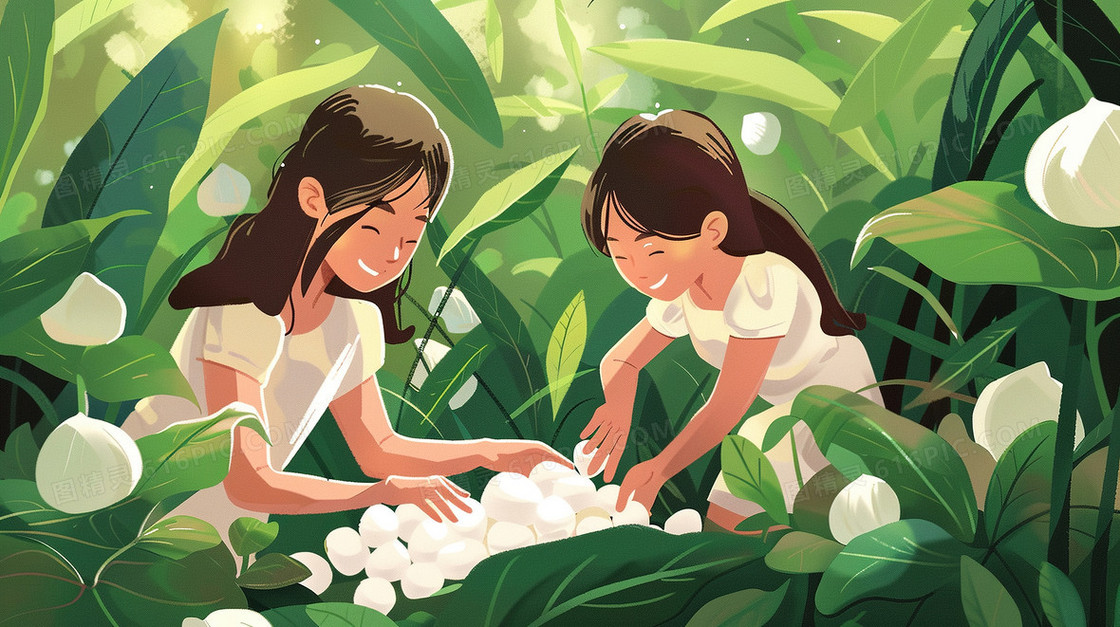 草丛捡蚕茧的两个女孩插画