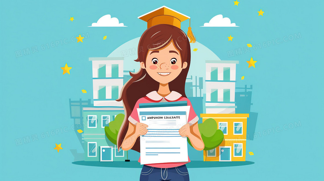 双手拿证书的小女孩插画
