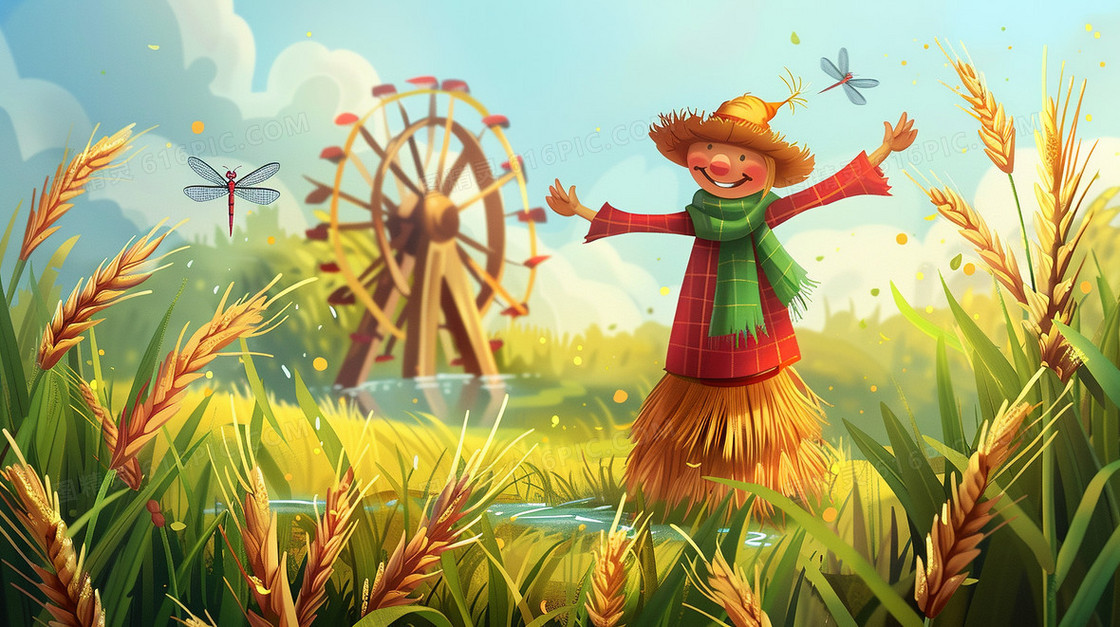 田野里的稻草人水车插画