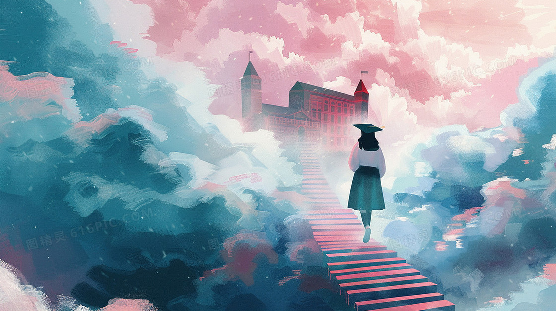通往梦想的学校女孩背影插画