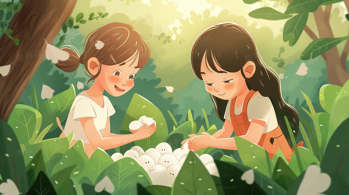 草丛捡蚕茧的两个女孩插画