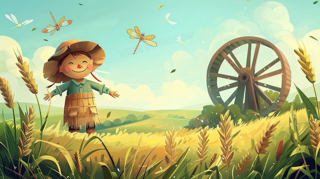 田野里的稻草人水车插画