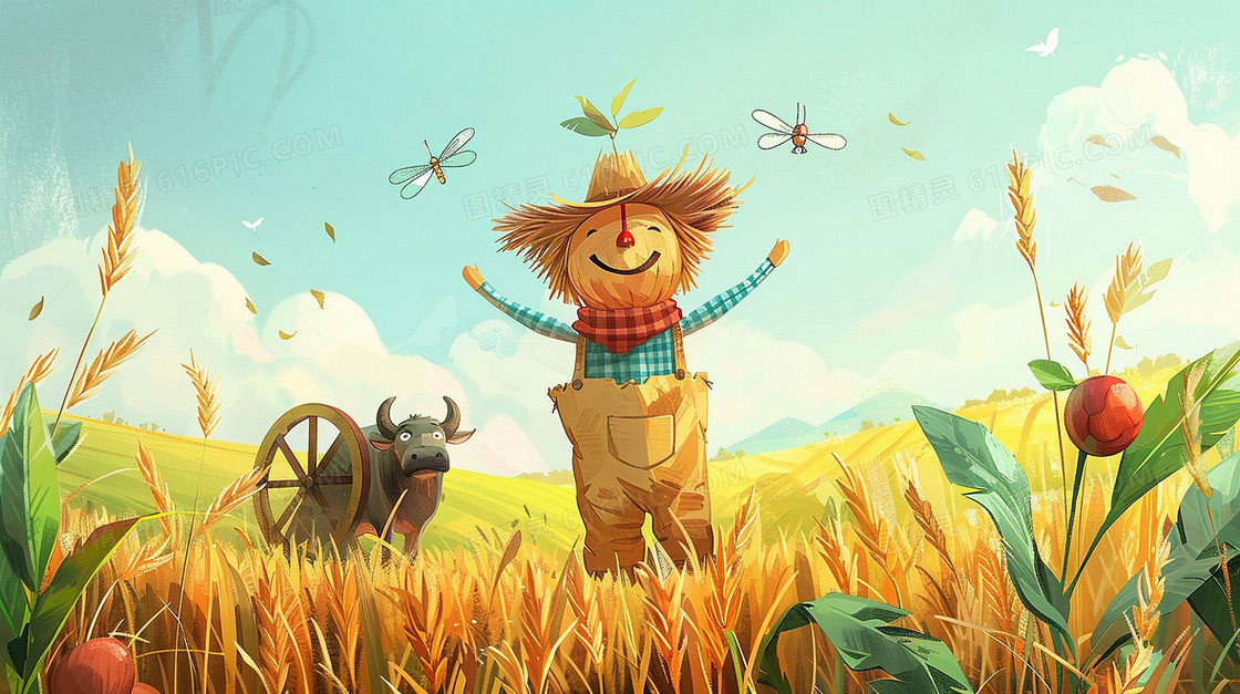 田野里的稻草人水车插画