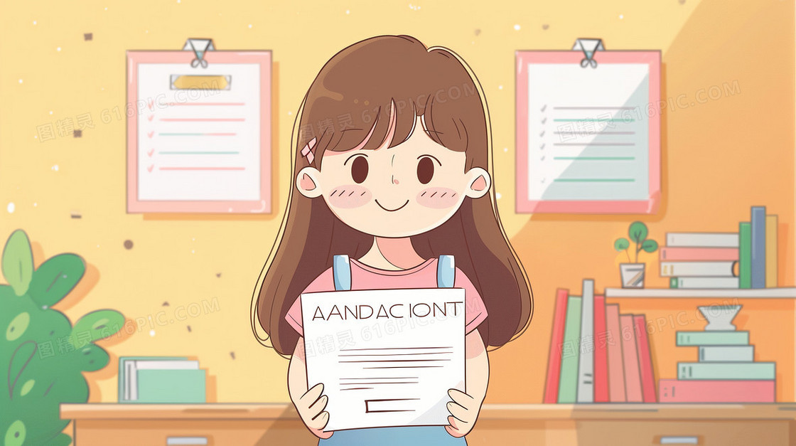 双手拿证书的小女孩插画