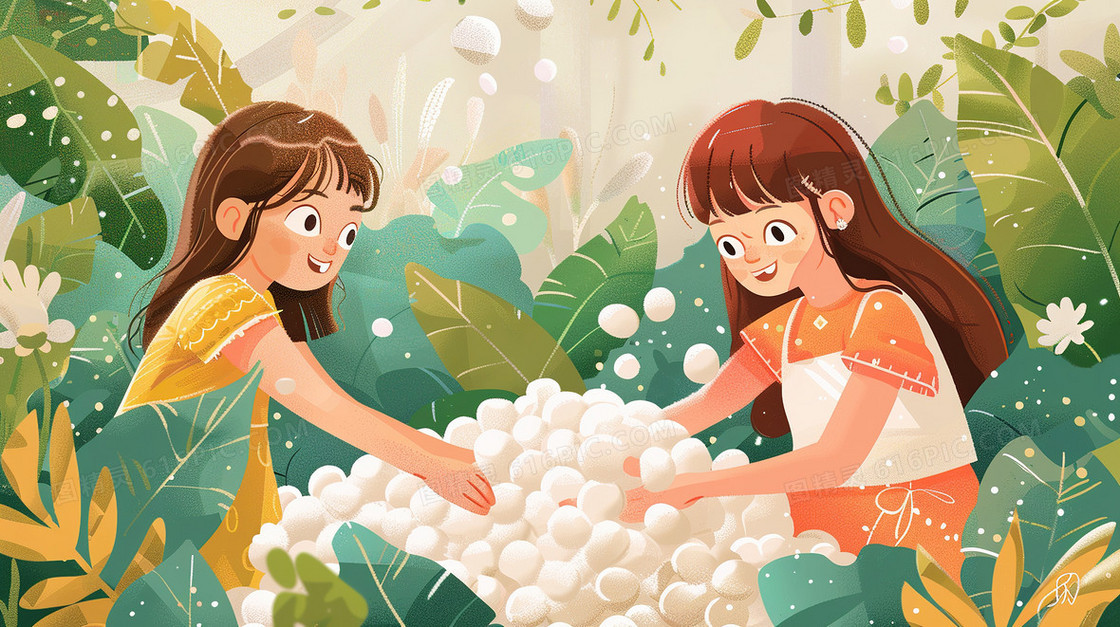 草丛捡蚕茧的两个女孩插画