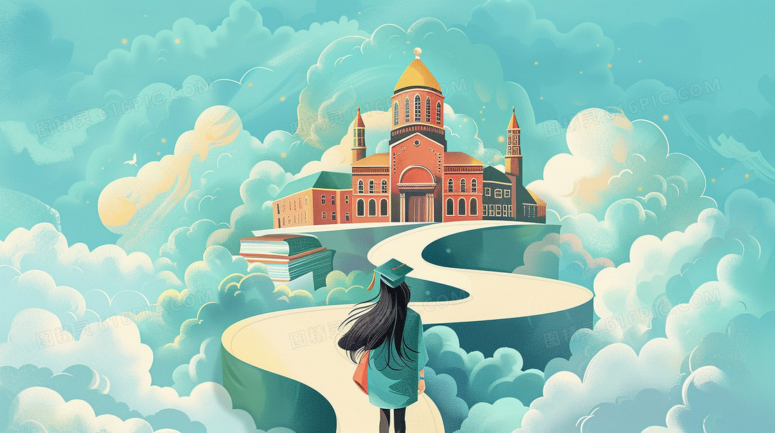 通往梦想的学校女孩背影插画