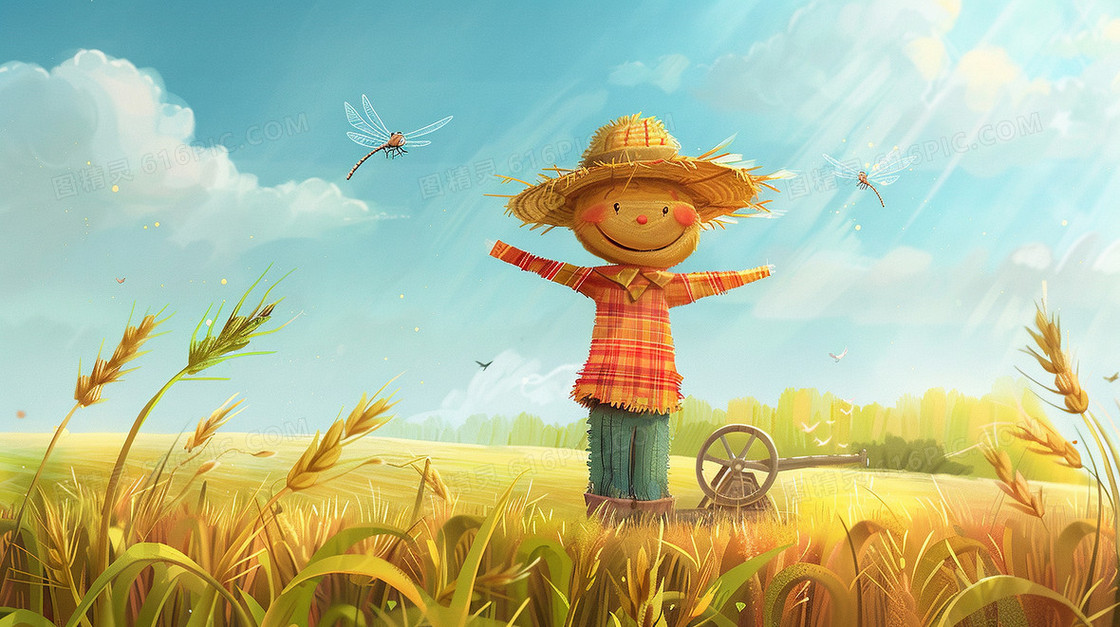 田野里的稻草人水车插画